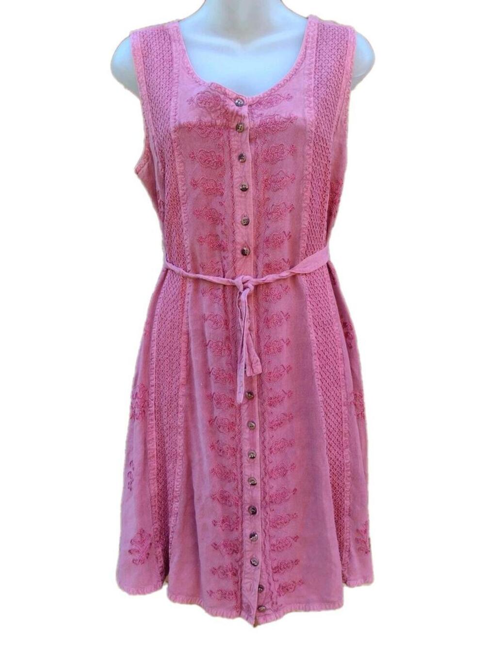 Vintage Embroidered Cotton Button Front Dress Boho Cottagecore Rose M Festival
